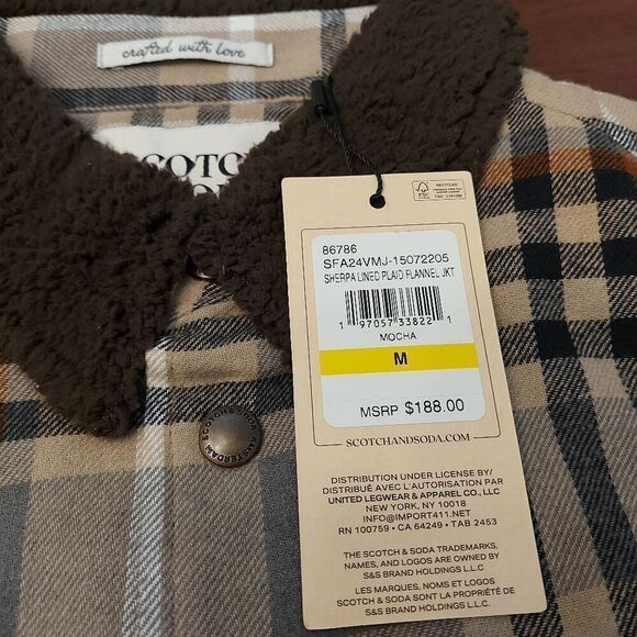 Scotch & Soda Sherpa Lined Plaid Flannel Jacket Tan Brown Mocha Men's Size M - Picture 4 of 6